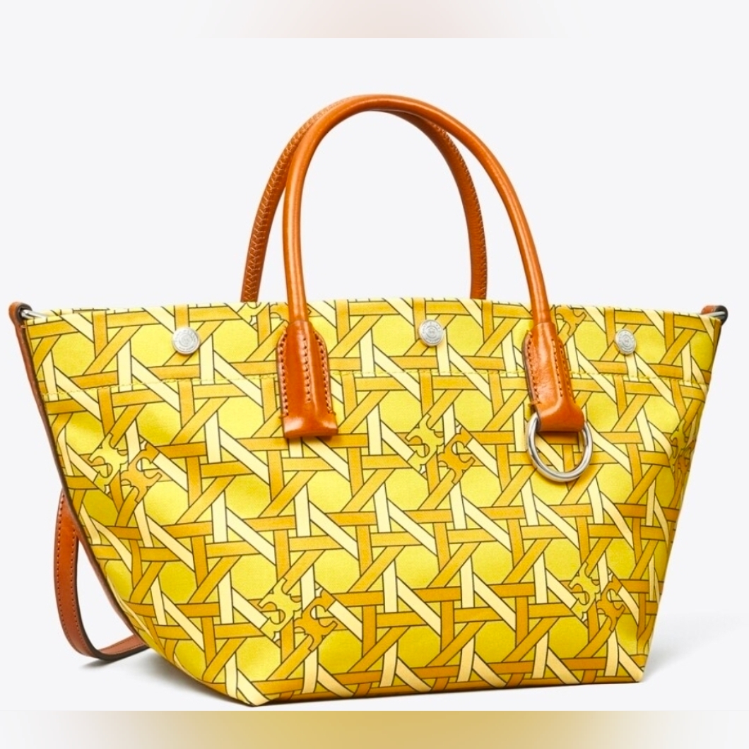 Tory Burch Small Canvas Basket Weave Tote Saffron Yellow Logo $348, Nwt!